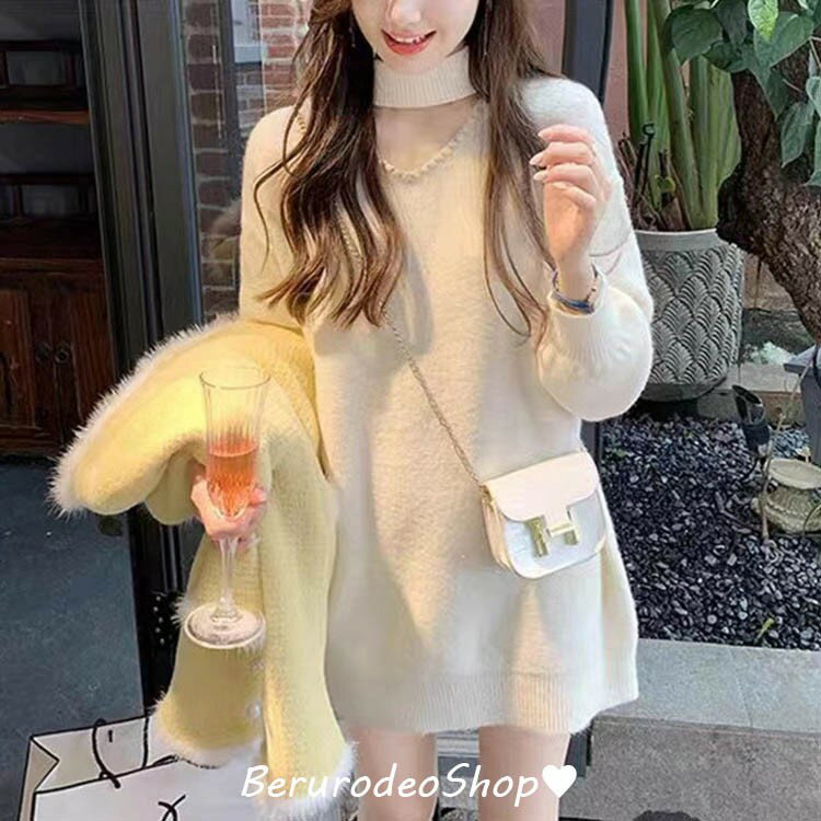 ニットセーター レディース ロング丈 ニットワンピース 白 赤 Vネック オシャレ ロングセーター ホワイト レッド 長袖セーター パフスリーブ 20代 30代 体 ゆったり 無地 ワンピース