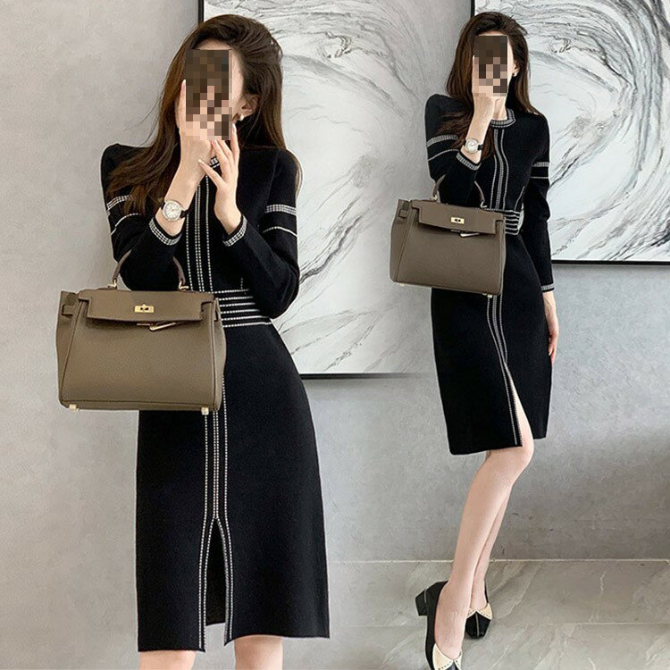 ニットワンピース スリット タイトワンピース 黒 ブラック ミモレ丈ワンピー ニット 優雅 エレガント 通勤 お出かけ 長袖ワンピース 秋 冬 ニットワンピ 30代 着痩せ 細身 40代