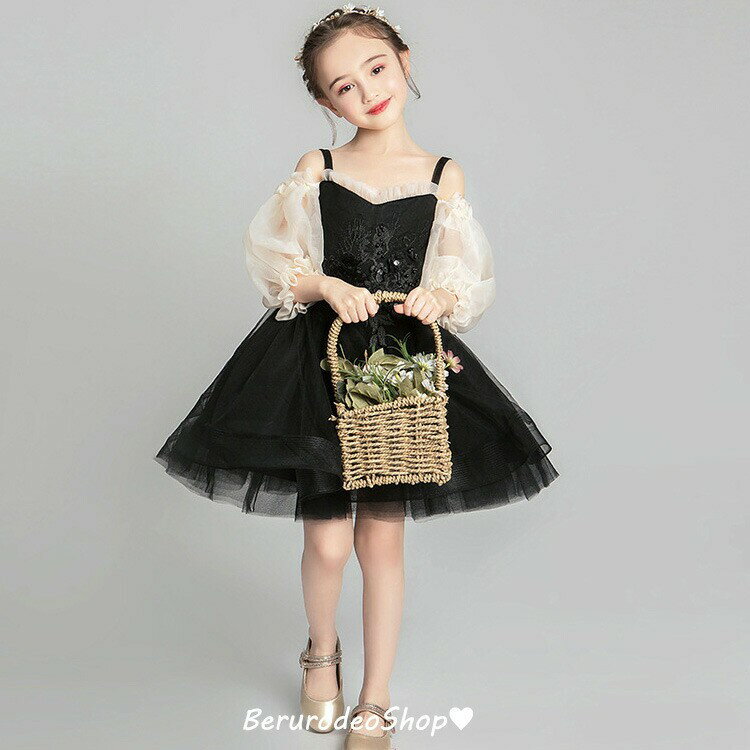 子供ドレス 黒 ショート丈 女児ドレス キャミドレス オフショルダー 可愛い 女の子ドレス ブラック 誕生日 プレゼント ギフト キッズドレス ドレス 演奏会 ピアノ発表会 パフスリーブ