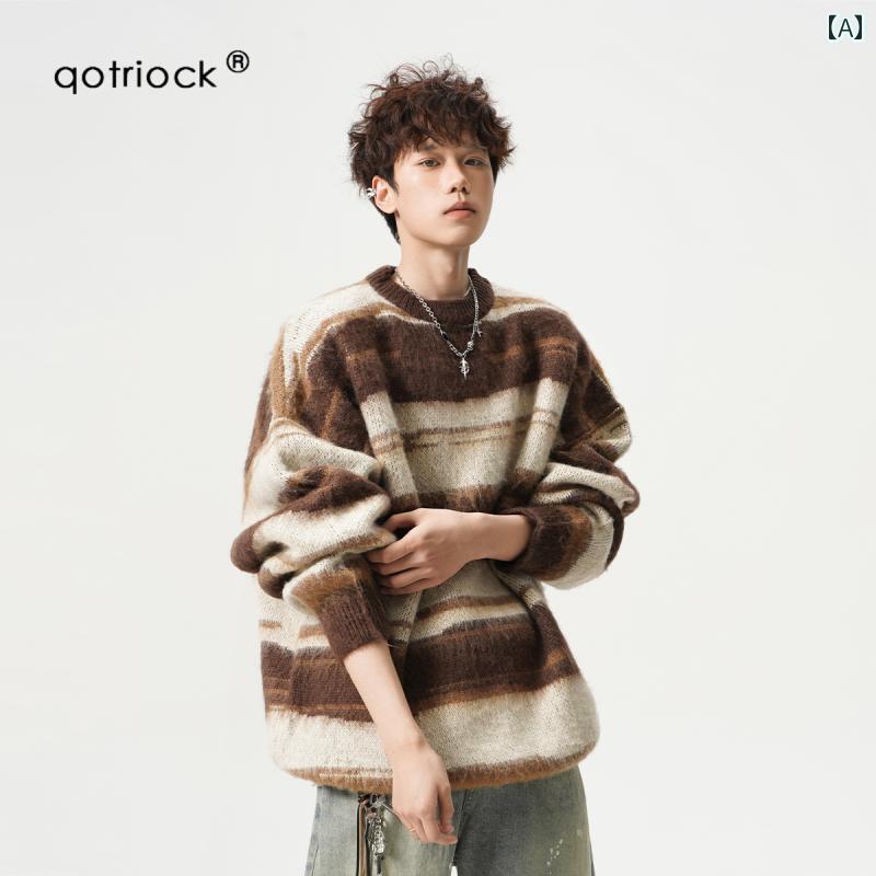 男女兼用 モヘア クルー ネック セーター カジュアル カラー ブロック ストライプ ニットウェア ゆった..