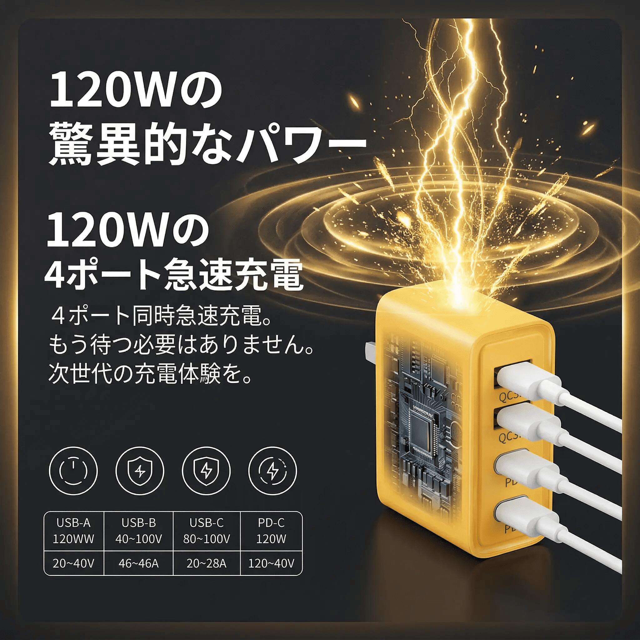 【最大120W出力】GaN 窒化ガリウム 急速充電器 4ポート(2C2A) PD3.0/QC3.0対応 ACアダプター 折りたたみ式 軽量 コンパクト iPhone15 Pro Android MacBook iPad ノートパソコン 各種対応 100-240V 海外対応 PSE認証済み イエロー
