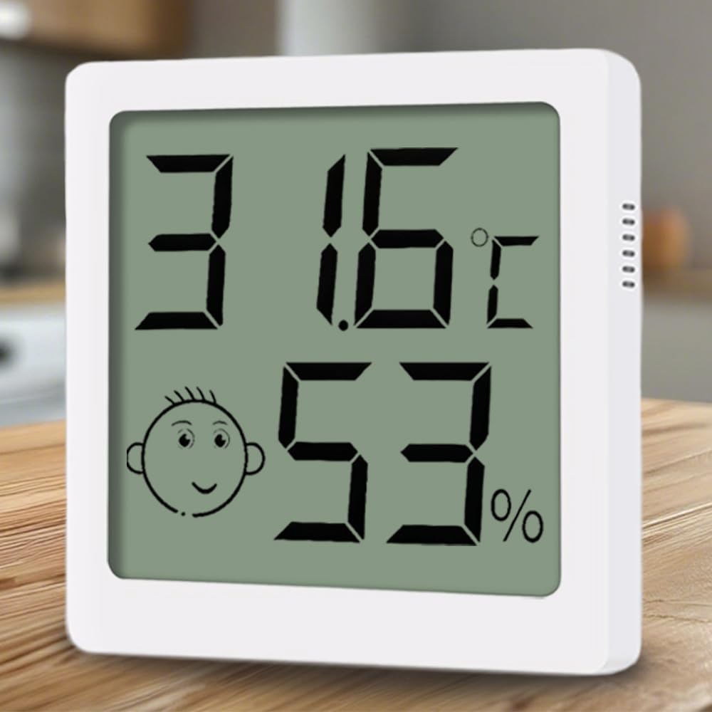 デジタル温湿度計 LCD大画面 省電力 高精度 スマイルアイコンで快適度が一目でわかる BPAフリー安心素材 背面ステッカー付き スタンド&壁掛け2Way 室内用 （シンプルアイコン款）