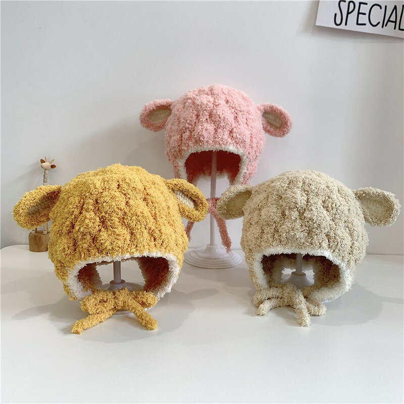ヒビプラスのベビー帽子スヌード赤ちゃん耳覆い子どもキッズもこもこ可愛い子供帽子女の子男の子子ども防寒用秋冬かわいいヒツジとんがり耳付きネックウォーマーネックウォーマーマフラーあったかいお出かけ撮影｜アングル2