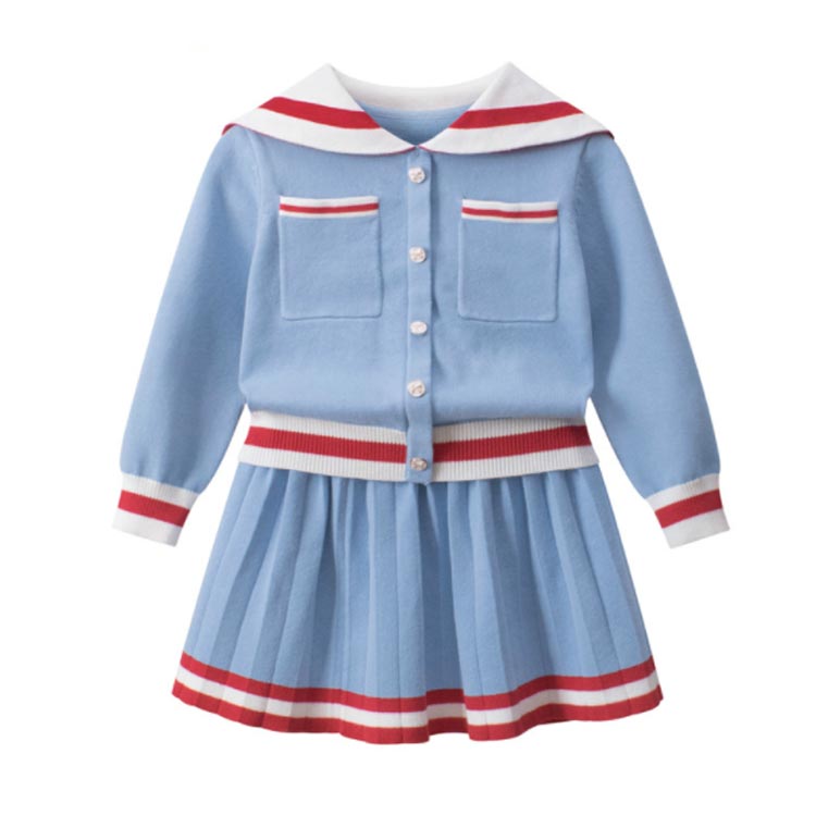 ヒビプラスのプリーツスカートJK制服女の子セーラー服子供セーラー襟ニットカーディガンキッズニット子供服2点セット制服長袖セーラー風学生服上下セット制服セット入学式卒業式発表会ニットカーディガン+プリーツスカートかわいい新入園セーラー服｜アングル3