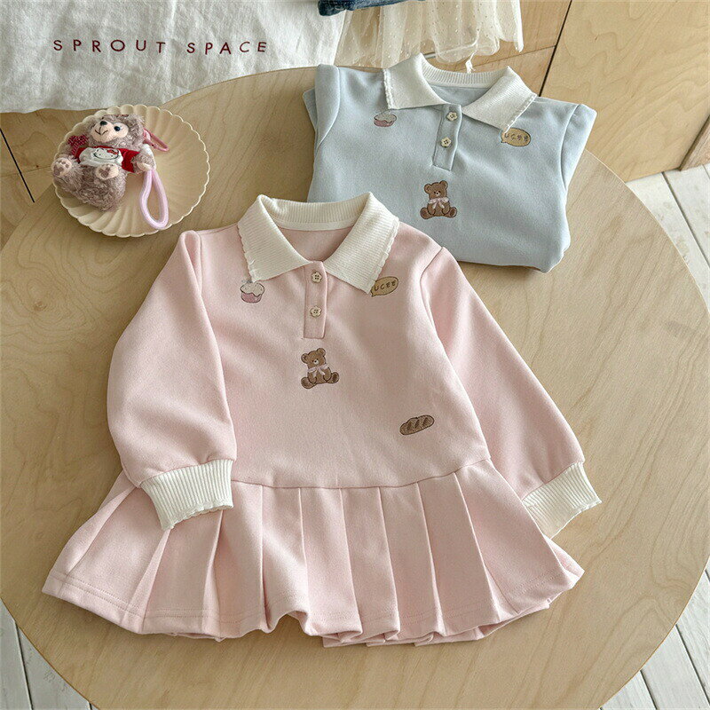 ベビーワンピース長袖ポロ襟ベビー服キッズ子供服ワンピース春秋プリーツ切り替え...