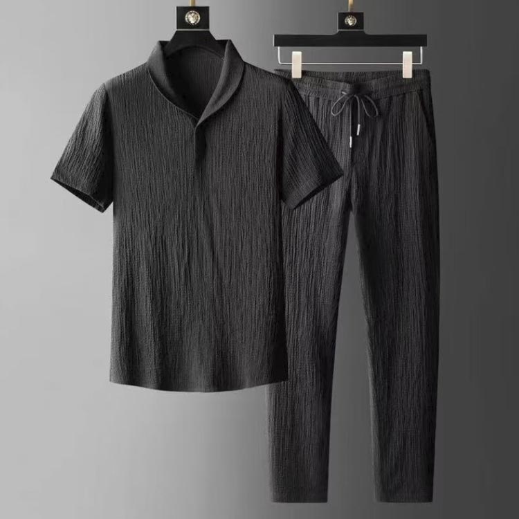 セットアップ綿麻風メンズ上下セット接触冷感セットアップ夏Vネック2点セットロン...