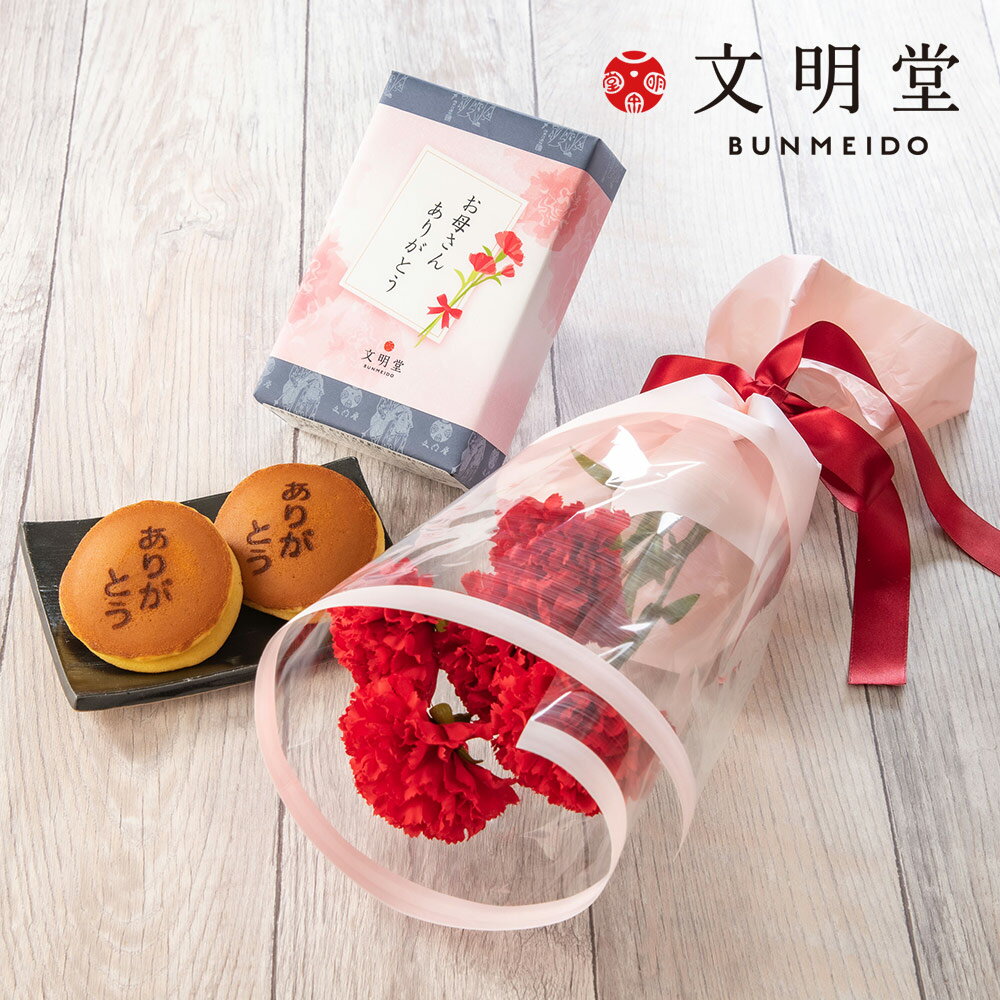 【早期特典ポイント15倍！】母の日 文明堂 どら焼き「月三笠2個入」とカーネーション花束のセットのサムネイル