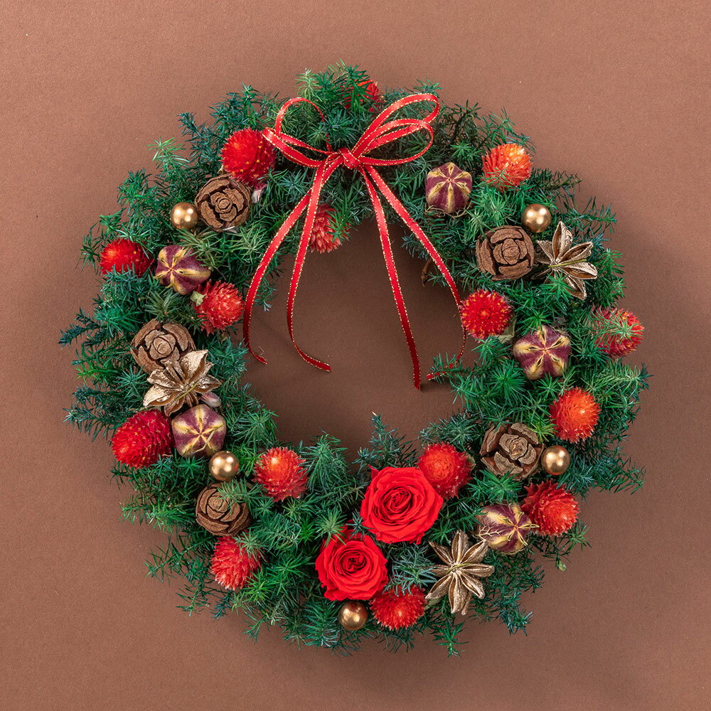【お届けは12/24まで】クリスマス プリザーブド＆ドライフラワーリース「リース ド ルージュ」 日比谷花壇 クリスマスリース ドライリース クリスマス飾り クリスマス インテリア 玄関 花 飾りのサムネイル