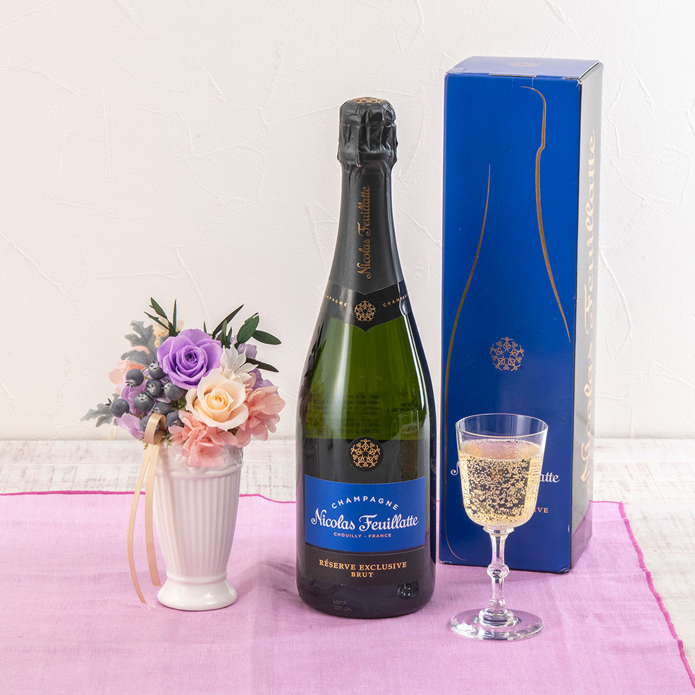 誕生日 花 お酒 シャンパーニュとプリザーブドアレンジメントのセット 日比谷花壇 記念日 お見舞い 出..