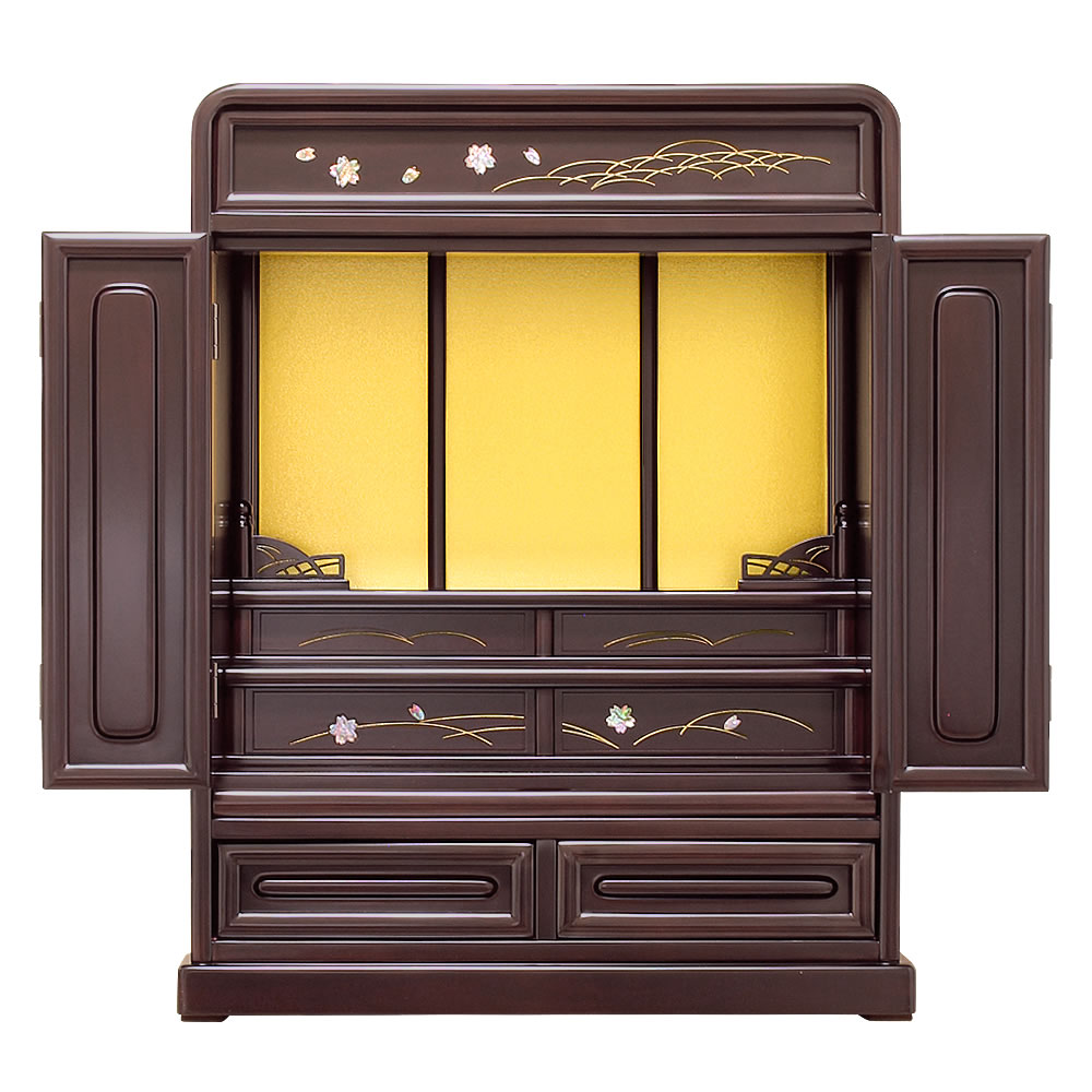 唐木仏壇・桜海 20号【仏壇】欄間と内部に桜の螺鈿を施したダルマ型のお仏壇。丸みを帯びたデザインが優しい印象で桜の花との相性も抜群のコスパに優れた伝統型仏壇。