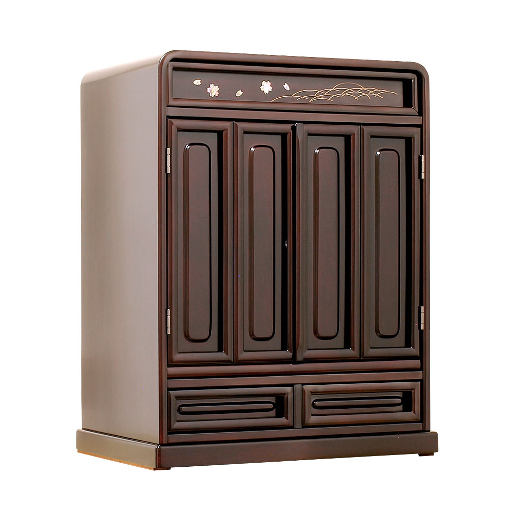 唐木仏壇・桜海 20号【仏壇】欄間と内部に桜の螺鈿を施したダルマ型のお仏壇。丸みを帯びたデザインが優しい印象で桜の花との相性も抜群のコスパに優れた伝統型仏壇。