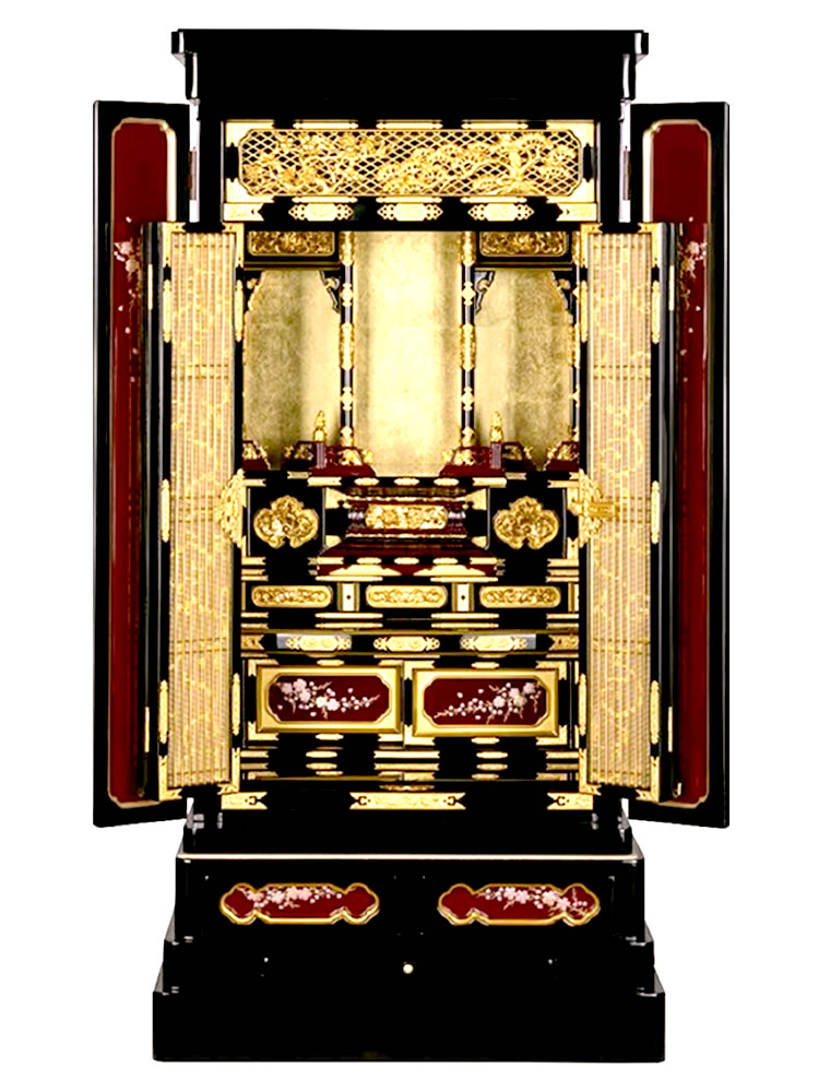 仏壇・仏具・位牌のひだまり仏壇の金仏壇・姫松 経机付 43-18号【金仏壇】【浄土真宗】枝垂桜の蒔絵と経机がセットになった京型別台の金仏壇。和の雰囲気漂う桜と紅溜塗りの戸裏が非常に美しく仕上がった金仏壇。｜アングル3