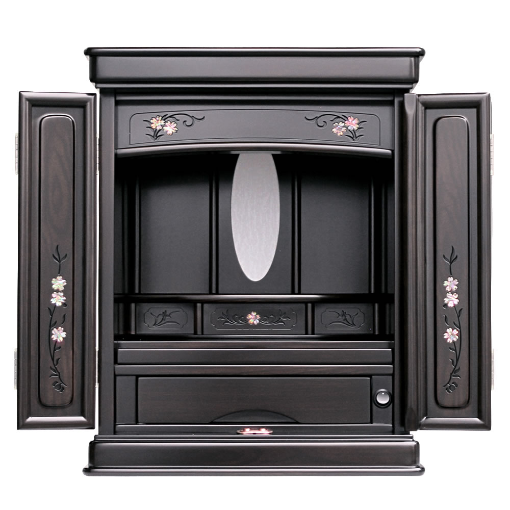 モダン仏壇・オーロラ 16号【仏壇】【モダン仏壇】【ミニ仏壇】【小型仏壇】桜の螺鈿が印象的で、欄間や扉、仏壇内部に螺鈿細工が施されたおしゃれな16号のミニ仏壇。上置きタイプで黒檀調・紫檀調から選べます。