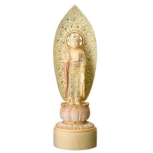 仏像・舟立弥陀(花蓮台 切金淡彩)3.5寸(高さ:24.3cm)【仏具】桜色の蓮台が特徴。衣などに淡色金箔で繊細な模様を描く「切金技法」で豪華な仕上げ 仏像・舟立弥陀(花蓮台 切金淡彩)3.5寸(高さ:24.3cm)【仏具】桜色の蓮台が特徴。衣などに淡色金箔で繊細な模様を描く「切金技法」で豪華な仕上げ