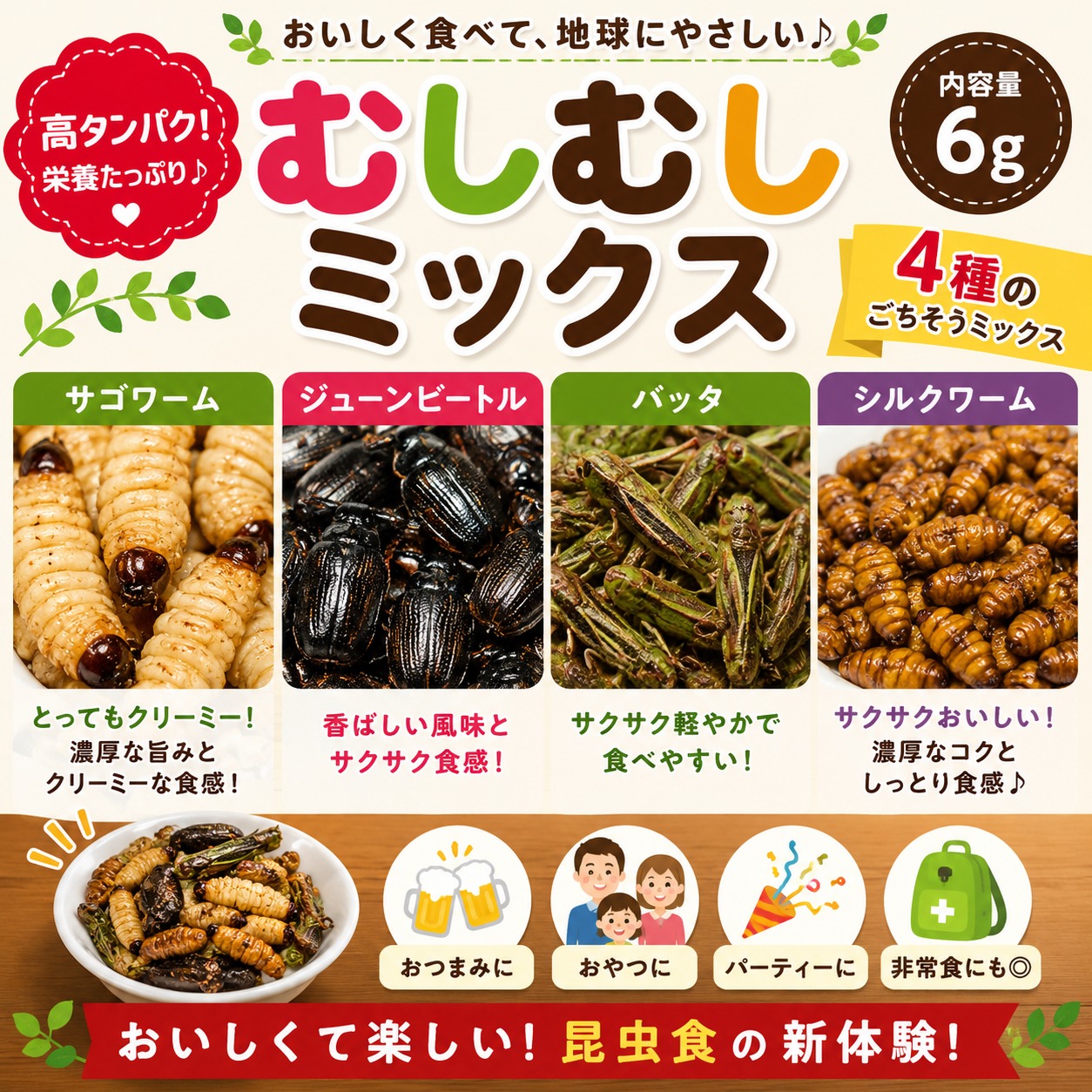 昆虫食 4種 ミックス 6g サゴワーム ジューンビートル バッタ シルクワーム 食べ比...