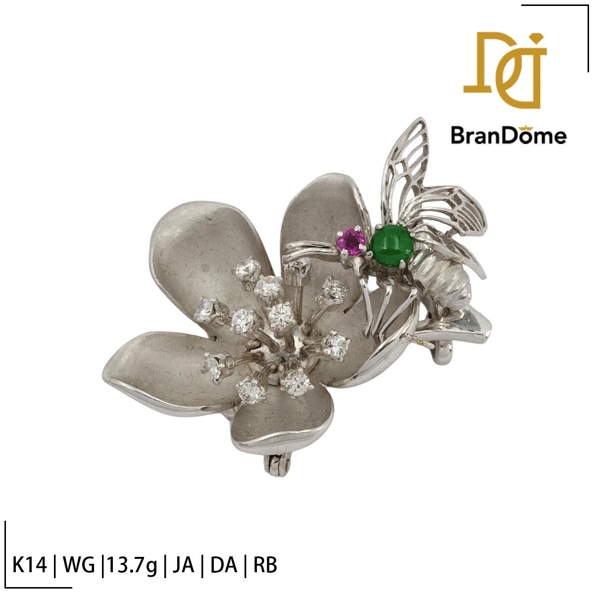 Rakuten - 【中古】 ブローチ 花/蜂Bee ヒスイ ジェイド ダイヤモンド ルビー K14 WG ホワイトゴールド 585 レディース ジュエリー brooch