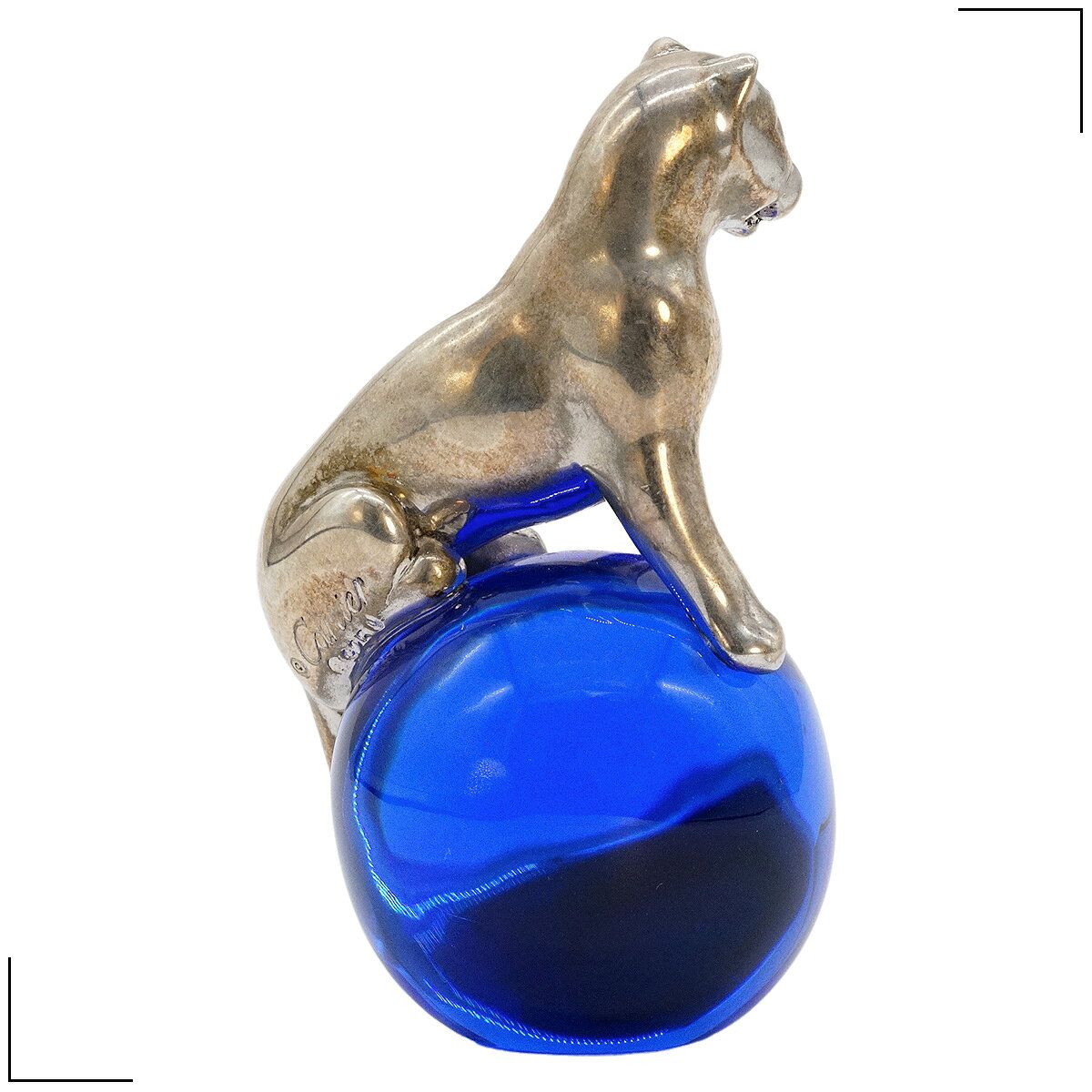 【中古】 カルティエ CARTIER SPAIN ヒョウ 立 ボール ガラス SV 置物