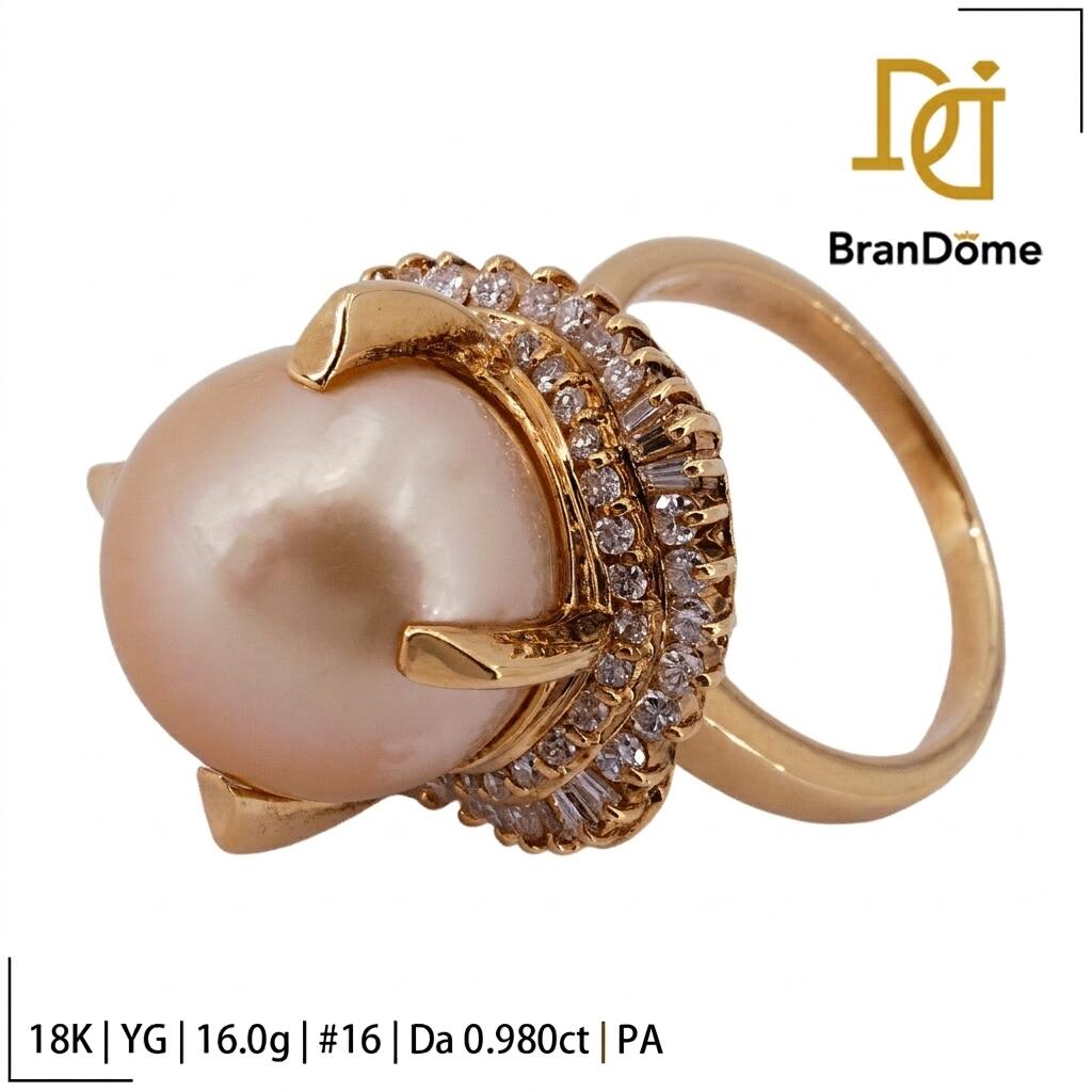 Rakuten - 【中古】 リング ムーンレインボー 白蝶 ダイヤモンド 0.98ct パール 15mm K18 YG イエローゴールド #56.5 約16号 指輪 750 レディース ジュエリー ring