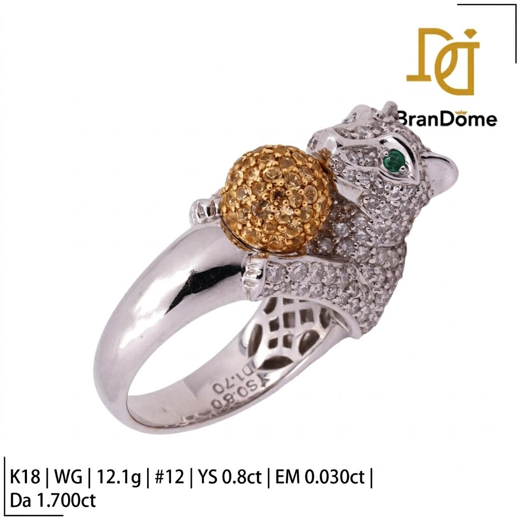 Rakuten - 【中古】 リング パンサー/豹 イエローサファイア 0.800ctct エメラルド 0.030ctct ダイヤモンド 1.700ctct K18 WG ホワイトゴールド #52 約12号 指輪 750 レディース ジュエリー ring