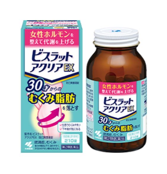 　 　　　　　　　　　　　　　≪第2類医薬品≫ 　　　　　　　　　　“ビスラット アクリアEX” 　　　　　水分代謝を上げて、更年期などのむくみ・脂肪を落とす 　　この商品は医薬品です、同梱されている添付文書を必ずお読みください。 　◆小林製薬 ビスラット アクリアEXの特長　1日2回の服用で更年期などのむくみ・脂肪を落とします。 　低下した水分代謝を活性化し、溜まった水分を押し出します。 　特にむくみがちな方、体脂肪を減らしたい方に適した漢方薬です。 　6種類の生薬からなる防已黄耆湯（ボウイオウギトウ）を、服用しやすい錠剤にしました。 　効き目（むくみへの）のサインは、尿量が増えることです。 ◆小林製薬 ビスラット アクリアEXの効能効果　体力中等度以下で、疲れやすく、汗のかきやすい傾向があるものの次の諸症： 　肥満症（筋肉にしまりのない、いわゆる水ぶとり）、むくみ、肥満に伴う関節の腫れや痛み、多汗症 ◆小林製薬 ビスラット アクリアEXの構成・成分 &nbsp;成分（1日分量　10錠中） &nbsp;分量 　（防已黄耆湯エキス・・・・・3.2g） 　ボウイ &nbsp;5.0g 　オウギ &nbsp;5.0g 　ビャクジュツ &nbsp;3.0g &nbsp;　ショウキョウ &nbsp;1.0g 　タイソウ &nbsp;3.0g 　カンゾウ &nbsp;1.5g 　添加物として、 　二酸化ケイ素、クロスCMC-Na、ステアリン酸Mg、タルク、セルロース、ヒプロメロース、 　マクロゴール、カルナウバロウを含有する。 　※本剤は天然物（生薬）を用いているため、錠剤の色が多少異なることがあります。 ◆小林製薬 ビスラット アクリアEXの服用方法　次の量を食前又は食間に水又はお湯で服用してください。 &nbsp;年　齢 1回量 服用回数 大人（15才以上） 5錠 1日2回 15才未満 × 服用しないこと ◆服用に関連する注意　(1)定められた用法・用量を厳守すること 　(2)吸湿しやすいため、服用のつどキャップ（70錠はチャック）をしっかりしめること 　食間とは「食事と食事の間」を意味し、食後約2～3時間のことをいいます。 ◆保管及び取扱い上の注意　(1) 直射日光の当たらない湿気の少ない涼しい所に密栓して（70錠はチャックをしっかりしめて） 　　保管すること 　(2) 小児の手の届かない所に保管すること 　(3) 他の容器に入れ替えないこと（誤用の原因になったり品質が変わる） 　(4) 本剤をぬれた手で扱わないこと 　(5) 210錠のビンの中の詰め物は輸送時の破損防止用なので開封時に捨てること 　名　称 ビスラット アクリアEX 　内容量 210錠 　保存方法 直射日光を避け、湿気の少ない涼しい所に保存してください。 　賞味期限 1年未満の商品は販売いたしません。 　広告文責 有限会社　横川ヤマト 　TEL 082-295-1732 　メーカー 小林製薬株式会社 　製造・区分 日本・第2類医薬品 　JANコード 4987072055229 副作用被害救済制度の問い合わせ先 （独）医薬品医療機器総合機構 （フリーダイヤル）0120-149-931 ＜購入時の注意事項＞予告無くパッケージが変更になる場合がありますので予めご了承ください。 製造・取扱い中止の場合はキャンセル処理をさせて頂く場合がございます。 仕入れ先の状況により納期期限より遅れる場合、欠品する場合がございますので予めご了承ください。お客様のご都合によるご注文内容の変更・キャンセル・返品・交換はお受けできません。 開封後の返品・交換は一切お受けできません。血圧が高めの方歯槽膿漏が気になる鼻の疾患でお悩みの方耳の疾患でお悩みの方アレルギー体質の方腎疾患が気になるどうき・息切れ便秘でお困りの方痔のお薬喉の渇きが気になる乳腺炎でお悩みの方眼精疲労炎症性・化膿性疾患せき・たんストレスが気になる滋養強壮しびれが気になるむくみが気になる胃腸が気になる神経痛・リウマチ不眠でお悩みの方排尿困難更年期が気になるだるさ・やる気肝疾患が気になる生活習慣病健康美容が気になる肝臓疾患でお悩みの方アレルギー性鼻炎気になる脂肪生理不順の方皮膚炎が気になる介護系商品デリケートゾーン生活習慣病でお悩みの方気になる健康茶気になる植物多糖類おすすめの乳酸菌アサイ有機ゲルマニウムオーサワジャパン正官庄高麗人参デンタルケア赤ちゃんの夜泣きうっかりが気になる気になる乳酸菌