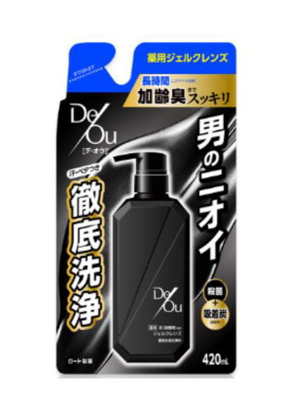 　　　　　　　≪旧：デ・オウ 薬用クレンジングウオッシュ≫ 　　☆★☆デ・オウ 薬用ジェルクレンズ☆★☆ 汗・アブラ・べたつき 男のニオイの元 徹底洗浄！ デ・オウ 薬用ジェルクレンズの特長 ◆デ・オウ 薬用フェルクレンズは、、アブラ・べたつき・ウイルス・細菌までを徹底洗浄し、体臭や汗などのニオイの発生を防ぐ、メントール配合の薬用ボディウォッシュです。 ◆有効成分ベンザルコニウム塩化物を配合。 ◆肌を洗浄・殺菌・消毒し、体臭・汗臭の発生を防ぎます。また、ソニー株式会社が開発した特殊吸着炭「ロリポーラス」を配合。 ◆ニオイの元となる皮脂や汚れを吸着。 ◆ニオイベール効果で、気になるニオイをさわやかなシトラスハーブの香りへ。 ◆加齢臭までスッキリ！　泡立ちが良く、すぐれた洗浄力ですっきり爽やかボディを目指します。特にニオイが気になる部分は、泡立てずに手で直接塗り込むように洗うと、より効果できです。 ※薬用炭（吸着剤）　トリポーラスはソニー株式会社の商標です。 デ・オウ 薬用ジェルクレンズの成分内容 ベンザルコニウム塩化物 その他の成分 薬用炭（特殊吸着炭）、ラウリン酸、ミリステン酸、バルミチン酸、PG、ヤシ油脂肪酸N-メチルエタノールアミド、テトラデセンスルホン酸Na液、プロピレングリコール脂肪酸エステル、水酸化K、メントール、フェノキシエタノール、EDTA-2Na、POEラウリルエーテル酢酸Na、ヤシ油脂肪酸アミドプロピルベタイン液、塩化Na、粘度調整剤、香料 デ・オウ 薬用ジェルクレンズのご使用方法 お湯を含ませたタオルやスポンジに適量を取り、軽く泡立ててから洗い、その後よく淡い流してください。 取り扱い上の注意 ・傷、はれもの、湿疹、皮ふ炎（かぶれ、ただれ）等の皮ふ障害のある時は使用しないこと。 ・肌に異常が生じていないかよく注意して使用すること。使用中又は使用後日光にあたって、かぶれ、赤み、はれ、かゆみ、刺激、色抜け（白斑等）や黒ずみ等の異常があらわれた場合は使用を中止し、皮ふ科専門医等へ相談すること。そのまま使用を続けると症状が悪化することがある。 ・目に入らないように注意し、万一目に入った場合は、こすらずにすぎに洗い流すこと、なお、異物感など異常が残る場合は眼科医に相談すること。 商品名 ロート薬用デオドラントソープB 名　称 デ・オウ薬用ジェルクレンズ （旧：デ・オウ薬用クレンジングウォッシュ 内容量 420mL（つめかえ用） 保存方法 直射日光及び高温・多湿を避けて保存してください。 使用期限 パッケージに記載 広告文責 有限会社　横川ヤマト TEL 082-295-1732 メーカー ロート製薬 お客様相談窓口 9：00～18：00（土・日・祝を除く） 東京：03-5442-6020　大阪：06-6758-1230 製造・区分 ベトナム・医薬部外品 JANコード 4987241162376 購入時の注意事項 ・予告無くパッケージが変更になる場合がありますので予めご了承下さい。 ・製造・取扱い中止の場合にはキャンセル処理をさせて頂く場合がございます。 ・お客様のご都合によるご注文内容の変更・キャンセル・返品・交換はお受けできません。 ・開封後の返品・交換は一切お受けできません。血圧が高めの方歯槽膿漏が気になる鼻の疾患でお悩みの方耳の疾患でお悩みの方アレルギー体質の方腎疾患が気になるどうき・息切れ便秘でお困りの方痔のお薬喉の渇きが気になる乳腺炎でお悩みの方眼精疲労炎症性・化膿性疾患せき・たんストレスが気になる滋養強壮しびれが気になるむくみが気になる胃腸が気になる神経痛・リウマチ不眠でお悩みの方排尿困難更年期が気になるだるさ・やる気肝疾患が気になる生活習慣病健康美容が気になる肝臓疾患でお悩みの方アレルギー性鼻炎気になる脂肪生理不順の方皮膚炎が気になる介護系商品デリケートゾーン生活習慣病でお悩みの方気になる健康茶気になる植物多糖類おすすめの乳酸菌アサイ有機ゲルマニウムオーサワジャパン正官庄高麗人参デンタルケア赤ちゃんの夜泣きうっかりが気になる気になる乳酸菌