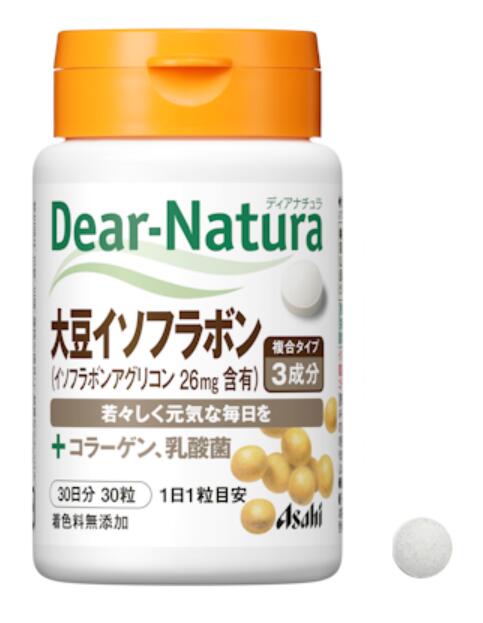 ＜アサヒのサプリ Dear-Natura＞ 若々しい元気な毎日を送りたい方へ！ 【 ディアナチュラ 大豆イソフラボン with コラーゲン、乳酸菌 の特徴】 ●大豆の胚芽に多く含まれるイソフラボンと、コラーゲン、乳酸菌を配合。●いつまでも若々しくいたい女性の健康を応援します。 ●無添加（香料・着色料・保存料） ≪お召し上がり方≫ ●1日1粒を目安に、水またはお湯とともにお召し上がりください。 ≪ディアナチュラ大豆イソフラボンの原材料≫ ●豚コラーゲンペプチド(ゼラチンを含む)(フランス製造)、還元パラチノース、大豆抽出物末、デンプン、殺菌乳酸菌末／セルロース、ステアリン酸Ca、デンプングリコール酸Na、微粒酸化ケイ素 ≪栄養成分：1粒(300mg)当たり≫ ●エネルギー：1.2kcal、たんぱく質：0.11g、脂質：0.001～0.023g、炭水化物：0.16g、食塩相当量：0.0004～0.002g ●イソフラボンアグリコンとして26mg （製造時配合） ●コラーゲン：100mg ●殺菌乳酸菌末：10mg 商品名：ディアナチュラ 大豆イソフラボン with コラーゲン、乳酸菌 内容量：30粒 賞味期限：パッケージに記載 広告文責：有限会社　横川ヤマト TEL：082-295-1732 メーカー：アサヒグループ食品株式会社 製造国・区分：日本・大豆イソフラボン加工食品 JANコード：4946842634965 ≪注意事項≫ 乳幼児の手の届かない所に保管して下さい。 予告無くパッケージが変更になる場合がありますので予めご了承ください。 製造・取扱い中止の場合はキャンセル処理をさせて頂く場合がございます。 仕入れ先の状況により納期期限より遅れる場合、欠品する場合がありますので予めご了承ください。 お客様のご都合によるご注文内容の変更・キャンセル・返品・交換はお受けできません。 開封後の返品、交換は一切お受けできません。血圧が高めの方歯槽膿漏が気になる鼻の疾患でお悩みの方耳の疾患でお悩みの方アレルギー体質の方腎疾患が気になるどうき・息切れ便秘でお困りの方痔のお薬喉の渇きが気になる乳腺炎でお悩みの方眼精疲労炎症性・化膿性疾患せき・たんストレスが気になる滋養強壮しびれが気になるむくみが気になる胃腸が気になる神経痛・リウマチ不眠でお悩みの方排尿困難更年期が気になるだるさ・やる気肝疾患が気になる生活習慣病健康美容が気になる肝臓疾患でお悩みの方アレルギー性鼻炎気になる脂肪生理不順の方皮膚炎が気になる介護系商品デリケートゾーン生活習慣病でお悩みの方気になる健康茶気になる植物多糖類おすすめの乳酸菌アサイ有機ゲルマニウムオーサワジャパン正官庄高麗人参デンタルケア赤ちゃんの夜泣きうっかりが気になる気になる乳酸菌