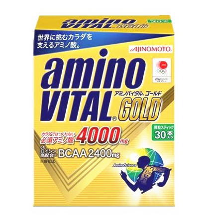 ☆★☆ 味の素 アミノバイタルGOLD☆★☆ 　アスリート・スポーツをする方にアミノバイタルGOLD 　世界最高レベルのアミノ酸サプリメント ロイシン高配合BCAAを中心とする9種類の必須アミノ酸4000mgが配合されたスポーツサプリメントです。最新の研究結果に基づくアミノ酸配合で、限界までチャンレンジするカラダ全体のコンディショニングに最適です。 ◆このような方におすすめ　○運動やスポーツで達成したい目標があるアスリート志向の方に 　○ハードな運動・スポーツ後のリカバーに 　○翌日に残したくない方に ◆味の素 アミノバイタルGOLDの特長○世界に挑む日本のアスリートを支える必須アミノ酸4000mg（ロイシン高配合BCAAなど）配合。 ○最先端のスポーツ栄養科学に基づくアミノ酸配合で、ハードな運動後のリカバーをサポートします。 ○飲みやすいスティックに入った顆粒タイプで、携帯に便利です。 ◆味の素 アミノバイタルGOLDの原材料名還元麦芽糖（国内製造）/ロイシン、リジン、バリン、イソロイシン、スレオニン、フェニルアラニン、ショ糖脂肪酸エステル、クエン酸、メチオニン、甘味料（アスパルテーム・L－フェニルアラニン化合物、アセスルファムK）、ヒスチジン、トリプトファン、貝Ca、レシチン（大豆由来）、香料、着色料（V.B2） 　※アレルギー物質：大豆 ◆味の素 アミノバイタルGOLDの栄養成分表示　1本（4.7g）あたりエネルギー：18.7kcal、たんぱく質：4.0g（推定値）、脂質：0.09g、炭水化物：0.4g（推定値）、食塩相当量：0.001g（推定値） アミノ酸：4.0g（ロイシン：1.60g、イソロイシン：0.43g、バリン：0.44g、他アミノ酸：1.54g） ◆味の素 アミノバイタルGOLDのお召し上がり方スポーツ後など1日1～3本を目安に水などの飲料と一緒にそのままお飲みください。 ◆味の素 アミノバイタルGOLDの取り扱い上の注意・ご利用前に必ずご使用上の注意をお読みいただき正しくご利用下さい。 ・小児の手の届かない所に保管してください。 ・アレルギーをお持ちの方はお召し上がりをお控えください。 商品名 アミノバイタルGOLD 名　称 アミノバイタルゴールド 内容量 30本 保存方法 直射日光を避け、湿気の少ない涼しい所に保存してください。 使用期限 パッケージに記載 広告文責 有限会社　横川ヤマト TEL 082-295-1732 メーカー 味の素 製造・区分 日本・サプリメント JAN：コード 4901001200115 ＜購入時の注意事項＞ ・予告無くパッケージが変更にある場合がありますので予めご了承下さい。 ・製造・取扱い中止の場合にはキャンセル処理をさせて頂く場合がございます。 ・お客様のご都合によるご注文内容の変更・キャンセル・返品・交換はお受けできません。血圧が高めの方歯槽膿漏が気になる鼻の疾患でお悩みの方耳の疾患でお悩みの方アレルギー体質の方腎疾患が気になるどうき・息切れ便秘でお困りの方痔のお薬喉の渇きが気になる乳腺炎でお悩みの方眼精疲労炎症性・化膿性疾患せき・たんストレスが気になる滋養強壮しびれが気になるむくみが気になる胃腸が気になる神経痛・リウマチ不眠でお悩みの方排尿困難更年期が気になるだるさ・やる気肝疾患が気になる生活習慣病健康美容が気になる肝臓疾患でお悩みの方アレルギー性鼻炎気になる脂肪生理不順の方皮膚炎が気になる介護系商品デリケートゾーン生活習慣病でお悩みの方気になる健康茶気になる植物多糖類おすすめの乳酸菌アサイ有機ゲルマニウムオーサワジャパン正官庄高麗人参デンタルケア赤ちゃんの夜泣きうっかりが気になる気になる乳酸菌