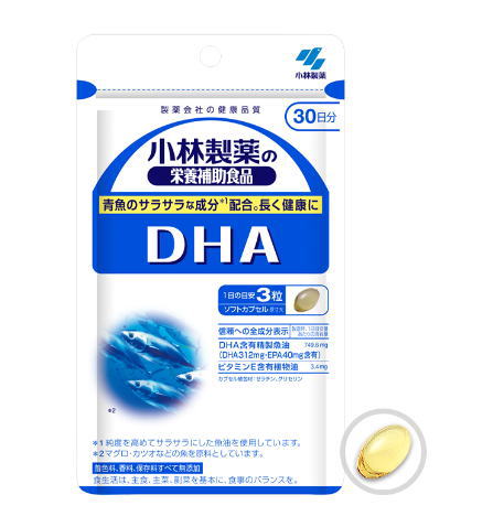 　　　☆★☆ 小林製薬のDHA ☆★☆ 　青魚のサラサラな成分配合長く健康に！ 　純度を高めてサラサラにした魚油を使用しています。 ◆DHAの特長 ●DHA(ドコサヘキサエン酸)はマグロをはじめとする魚の油に豊富に含まれる不飽和脂肪酸のひとつです。●着色料、香料、保存料すべて無添加 ◆DHAの栄養成分表示 1日目安量(3粒)あたり エネルギー：8.7kcal、たんぱく質：0.39g、脂質：0.75g、炭水化物：0.063g、食塩相当：0～0.0017g DHA含有精製魚油(DHA：312mg・EPA：40mg含有)・・・749.6mg ビタミンE含有植物油・・・3.4mg 　※アレルゲン＝ゼラチン ◆DHAの原材料名 DHA含有精製魚油、ゼラチン、ビタミンE、菜種油／グリセリン ◆DHSのお召し上がり方 栄養補助食品として 1日3粒を目安に、かまずに水またはお湯とともにお召し上がりください。 　※食生活は、主食、主菜、副菜を基本に、食事のバランスを。 商品名 DHA 名　称 DHA(ドコサヘキサエン酸)含有精製魚油配合食品 内容量 90粒 保存方法 直射日光を避け、湿気の少ない涼しい所に保存してください。 使用期限 パッケージに記載 広告文責 有限会社　横川ヤマト TEL 082-295-1732 メーカー 小林製薬 製造・区分 日本・栄養補助食品 JANコード 4987072009949 ＜取り扱い上の注意事項＞ ・乳幼児・小児の手の届かない所に置いてください。・薬を服用中、通院中又は妊娠・授乳中の方は医師にご相談ください。・食品アレルギーの方は全成分表示をご確認の上、お召し上がりください。・体質体調により、まれに体に合わない場合(発疹、胃部不快感など)があります。その際はご使用を中止ください。・カプセル同士がくっつく場合や天然由来の原料を使用のため色等が変化することがありますが、品質に問題はありません。・開封後は湿らないようにチャックを端からしっかり閉めて、お早めにお召し上がりください。 ＜購入時の注意事項＞ ・予告無くパッケージが変更になる場合がありますので予めご了承ください。 ・製造・取扱い中止の場合はキャンセル処理をさせて頂く場合がございます。 ・仕入れ先の状況により納期期限より遅れる場合、欠品する場合がございますので予めご了承ください。 ・お客様のご都合によるご注文内容の変更・キャンセル・返品・交換はお受けできません。 ・開封後の返品・交換は一切お受けできません。血圧が高めの方歯槽膿漏が気になる鼻の疾患でお悩みの方耳の疾患でお悩みの方アレルギー体質の方腎疾患が気になるどうき・息切れ便秘でお困りの方痔のお薬喉の渇きが気になる乳腺炎でお悩みの方眼精疲労炎症性・化膿性疾患せき・たんストレスが気になる滋養強壮しびれが気になるむくみが気になる胃腸が気になる神経痛・リウマチ不眠でお悩みの方排尿困難更年期が気になるだるさ・やる気肝疾患が気になる生活習慣病健康美容が気になる肝臓疾患でお悩みの方アレルギー性鼻炎気になる脂肪生理不順の方皮膚炎が気になる介護系商品デリケートゾーン生活習慣病でお悩みの方気になる健康茶気になる植物多糖類おすすめの乳酸菌アサイ有機ゲルマニウムオーサワジャパン正官庄高麗人参デンタルケア赤ちゃんの夜泣きうっかりが気になる気になる乳酸菌