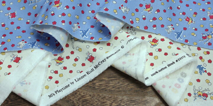 moda コットン 平織り レトロ小花＆鳥獣戯画風プリント ミックスカラー 全4色 30's Playtime ～FROLICKING FRIENDS～ by Linzee Kull McCray J[オーダーカット生地 10cm単位] 【RCP】 hideki-10023021 ヨーロッパ服地のひでき サンプル画像3
