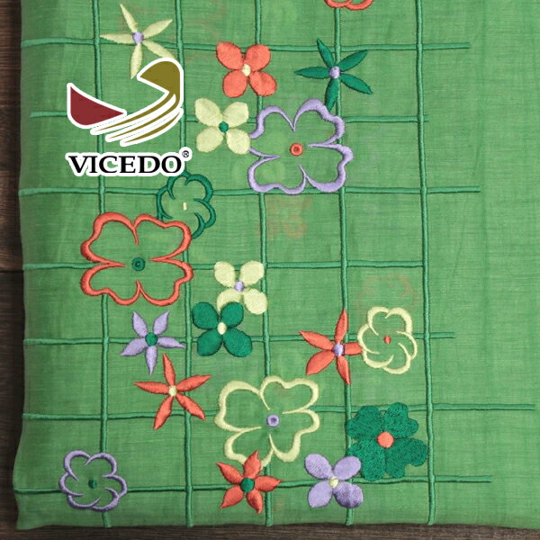 3月12日 新着！【やや訳あり】 スペイン MIGUEL VICEDO リネンナイロンスラブ ワッシャーライク 格子フラワー サテンステッチ ライムグリーンミックス W[着分生地 120cm] 【送料無料】 【RCP】