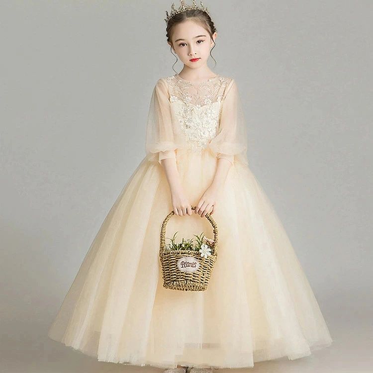 送料無料 子供ドレス パフスリーブ ピアノ発表会ドレス ロングドレス シャンパン色 女児ドレス 花柄 可愛い 女の子ドレス キッズドレス 演奏会ドレス ロング 7分袖 フォーマル チュール ドレス 100 110 120 130 140 150 160