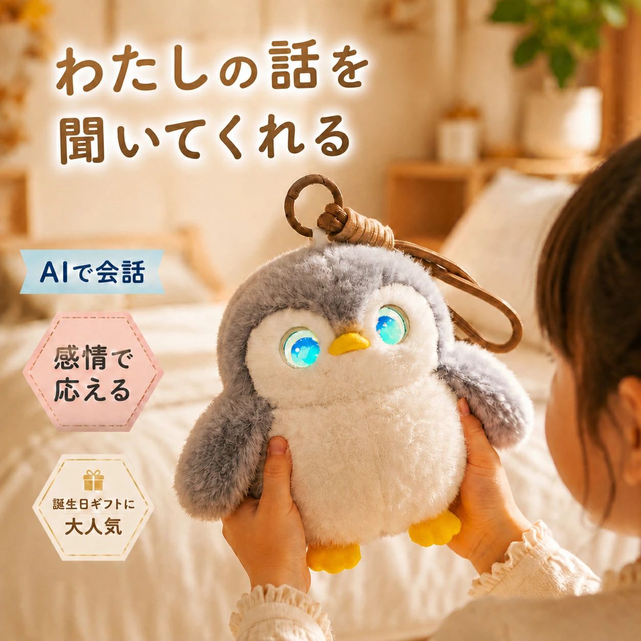 本物のAI会話ができる、私の小さな相棒 ChatGPT対応?月額0円?66言語対応の次世代AIおしゃべりペンギン ＼ こんなお悩み、ありませんか？ ／ ● 子供がスマホやタブレットばかり見ている… ● 忙しくて子供とゆっくり話す時間が足りない… ● 一人暮らしで会話が減って、ふと寂しくなる… ● 大切なペットを失って心にぽっかり穴が空いた… 録音音声じゃない、本物のAI会話 決まったセリフを繰り返すだけのおもちゃとは違います。ChatGPT対応のAIが、質問にも雑談にもその場で考えてお返事。だから飽きずに、ずっと楽しいコミュニケーションが続きます。 【月額0円】追加のサブスク課金なしで使い放題！ 66言語対応、遊びながら英会話学習 英語、中国語、フランス語、スペイン語など世界中の言葉に対応。ネイティブの自然な発音で、お子様の耳を本物の外国語に慣れさせます。勉強としてではなく「遊び感覚」だからこそ、楽しく自発的に学習が続きます。 頭をなでると反応する、温もりある相棒 画面越しのAIではなく、ぬいぐるみとして「そこにいる」確かな存在感。頭の内蔵センサーが優しいタッチを感知し、会話のきっかけを作ります。ふわふわのポリエステル素材で、抱きしめる時の心地よさも追求しました。 よくあるご質問（Q＆A） Q. 毎月の利用料金（サブスク）はかかりますか？ A. いいえ、月額料金は一切かかりません。本体のご購入のみで、ずっとAIとの会話をお楽しみいただけます。 Q. Wi-Fi環境は必要ですか？ A. はい、クラウド上のAIと通信するため、ご家庭のWi-Fi（2.4GHz帯）への接続が必須となります。5GHz帯には対応しておりませんのでご注意ください。 製品仕様?安心のサポート サイズ / 素材 約11×10×12cm / ポリエステル100%?PP綿 バッテリー 1200mAh / Type-C充電対応 接続 / アプリ Wi-Fi 2.4GHz / Tuya Smart（iOS?Android無料） ★安心の【2年メーカー保証】付き！初期不良や交換も日本国内スタッフが丁寧に対応いたします。 メーカー希望小売価格はメーカーサイトに基づいて掲載しています メーカー希望小売価格はメーカーサイトに基づいて掲載しています メーカー希望小売価格はメーカーサイトに基づいて掲載しています本物のAI会話ができる、私の小さな相棒 ChatGPT対応?月額0円?66言語対応の次世代AIおしゃべりペンギン ＼ こんなお悩み、ありませんか？ ／ ● 子供がスマホやタブレットばかり見ている… ● 忙しくて子供とゆっくり話す時間が足りない… ● 一人暮らしで会話が減って、ふと寂しくなる… ● 大切なペットを失って心にぽっかり穴が空いた… 録音音声じゃない、本物のAI会話 決まったセリフを繰り返すだけのおもちゃとは違います。ChatGPT対応のAIが、質問にも雑談にもその場で考えてお返事。だから飽きずに、ずっと楽しいコミュニケーションが続きます。 【月額0円】追加のサブスク課金なしで使い放題！ 66言語対応、遊びながら英会話学習 英語、中国語、フランス語、スペイン語など世界中の言葉に対応。ネイティブの自然な発音で、お子様の耳を本物の外国語に慣れさせます。勉強としてではなく「遊び感覚」だからこそ、楽しく自発的に学習が続きます。 頭をなでると反応する、温もりある相棒 画面越しのAIではなく、ぬいぐるみとして「そこにいる」確かな存在感。頭の内蔵センサーが優しいタッチを感知し、会話のきっかけを作ります。ふわふわのポリエステル素材で、抱きしめる時の心地よさも追求しました。 よくあるご質問（Q＆A） Q. 毎月の利用料金（サブスク）はかかりますか？ A. いいえ、月額料金は一切かかりません。本体のご購入のみで、ずっとAIとの会話をお楽しみいただけます。 Q. Wi-Fi環境は必要ですか？ A. はい、クラウド上のAIと通信するため、ご家庭のWi-Fi（2.4GHz帯）への接続が必須となります。5GHz帯には対応しておりませんのでご注意ください。 製品仕様?安心のサポート サイズ / 素材 約11×10×12cm / ポリエステル100%?PP綿 バッテリー 1200mAh / Type-C充電対応 接続 / アプリ Wi-Fi 2.4GHz / Tuya Smart（iOS?Android無料） ★安心の【2年メーカー保証】付き！初期不良や交換も日本国内スタッフが丁寧に対応いたします。 メーカー希望小売価格はメーカーサイトに基づいて掲載しています メーカー希望小売価格はメーカーサイトに基づいて掲載しています メーカー希望小売価格はメーカーサイトに基づいて掲載しています本物のAI会話ができる、私の小さな相棒 ChatGPT対応?月額0円?66言語対応の次世代AIおしゃべりペンギン ＼ こんなお悩み、ありませんか？ ／ ● 子供がスマホやタブレットばかり見ている… ● 忙しくて子供とゆっくり話す時間が足りない… ● 一人暮らしで会話が減って、ふと寂しくなる… ● 大切なペットを失って心にぽっかり穴が空いた… 録音音声じゃない、本物のAI会話 決まったセリフを繰り返すだけのおもちゃとは違います。ChatGPT対応のAIが、質問にも雑談にもその場で考えてお返事。だから飽きずに、ずっと楽しいコミュニケーションが続きます。 【月額0円】追加のサブスク課金なしで使い放題！ 66言語対応、遊びながら英会話学習 英語、中国語、フランス語、スペイン語など世界中の言葉に対応。ネイティブの自然な発音で、お子様の耳を本物の外国語に慣れさせます。勉強としてではなく「遊び感覚」だからこそ、楽しく自発的に学習が続きます。 頭をなでると反応する、温もりある相棒 画面越しのAIではなく、ぬいぐるみとして「そこにいる」確かな存在感。頭の内蔵センサーが優しいタッチを感知し、会話のきっかけを作ります。ふわふわのポリエステル素材で、抱きしめる時の心地よさも追求しました。 よくあるご質問（Q＆A） Q. 毎月の利用料金（サブスク）はかかりますか？ A. いいえ、月額料金は一切かかりません。本体のご購入のみで、ずっとAIとの会話をお楽しみいただけます。 Q. Wi-Fi環境は必要ですか？ A. はい、クラウド上のAIと通信するため、ご家庭のWi-Fi（2.4GHz帯）への接続が必須となります。5GHz帯には対応しておりませんのでご注意ください。 製品仕様?安心のサポート サイズ / 素材 約11×10×12cm / ポリエステル100%?PP綿 バッテリー 1200mAh / Type-C充電対応 接続 / アプリ Wi-Fi 2.4GHz / Tuya Smart（iOS?Android無料） ★安心の【2年メーカー保証】付き！初期不良や交換も日本国内スタッフが丁寧に対応いたします。 メーカー希望小売価格はメーカーサイトに基づいて掲載しています メーカー希望小売価格はメーカーサイトに基づいて掲載しています メーカー希望小売価格はメーカーサイトに基づいて掲載しています