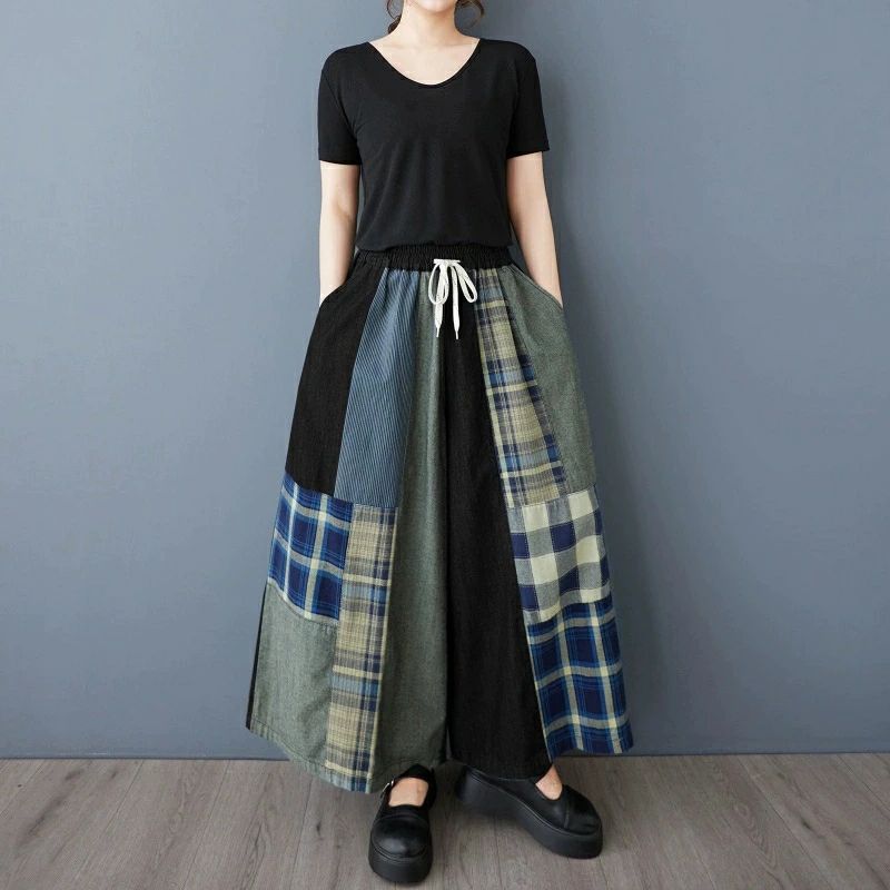 デニム デニムパンツ チェック 切替え 春秋 大人可愛い デニムフレアパンツ ストレートデニム ワイドパンツ ロング レディース サルエル コットン ゆったり ボトムス 冬服 ワイドシルエット BASICパンツ 体型カバー 着やせ 無地 森ガール 大きいサイズ 体型カバー
