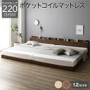 【メーカー直送】ベッド 低床 連結 ロータイプ すのこ 木製 LED照明付き 棚付き 宮付き コンセント付き シンプル モダン ブラウン ワイドキング220(S+SD) ポケットコイルマットレス付き【代引き不可】(3)