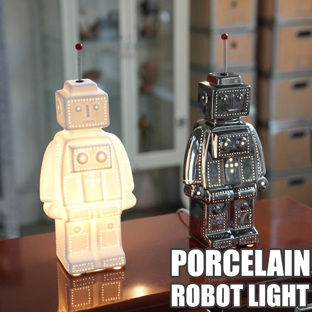 Rakuten - 卓上ライト ロボット型 スタンドライト 照明 デザイン おしゃれ 可愛い かわいい おもちゃ シルバー ホワイト ギフト プレゼント インテリア ■ ダルトン DULTON ポーセリン ロボット ライト [DS-0773]