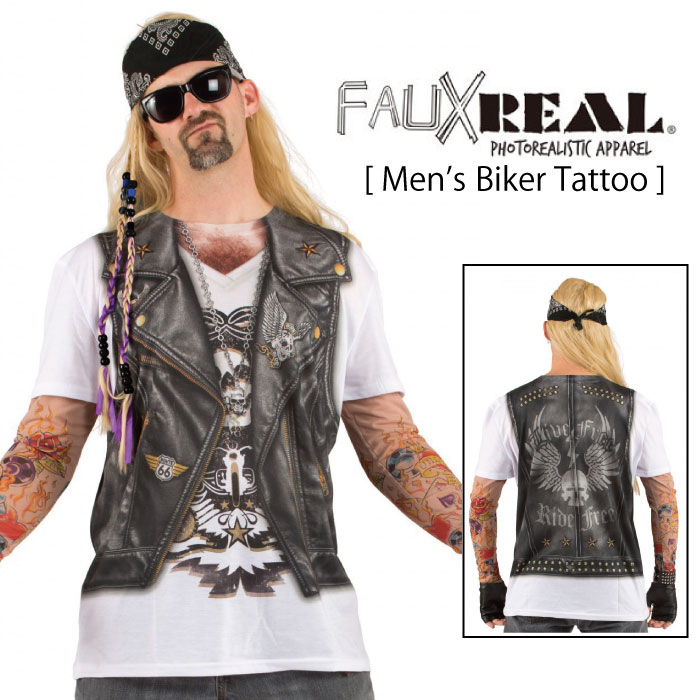 【メール便送料無料】 【おもしろシャツ】 FAUX REAL Tシャツ (Men 039 s Biker Tattoo) Sサイズ 92410 ■ ハロウィン イベント コスプレ 面白 おもしろ ネタT リアルTシャツ アメリカン雑貨 【あす楽対応】