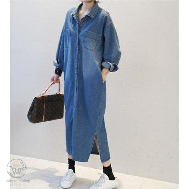 Rakuten - デニムロングシャツワンピース ロング シャツワンピース レディース ミモレ丈 デニムワンピース スリット長袖 羽織ロングシャツ コットンデニム全店二点