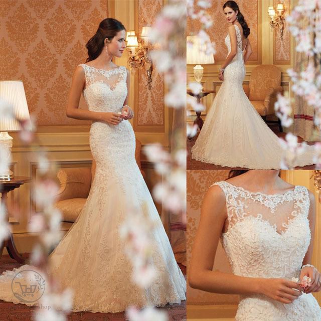 Rakuten - ウエディングドレス レース ノースリーブ マーメイドドレス ホワイト アイボリー 結婚式ドレス マーメイドライン トレーン 花嫁ドレス 背開き