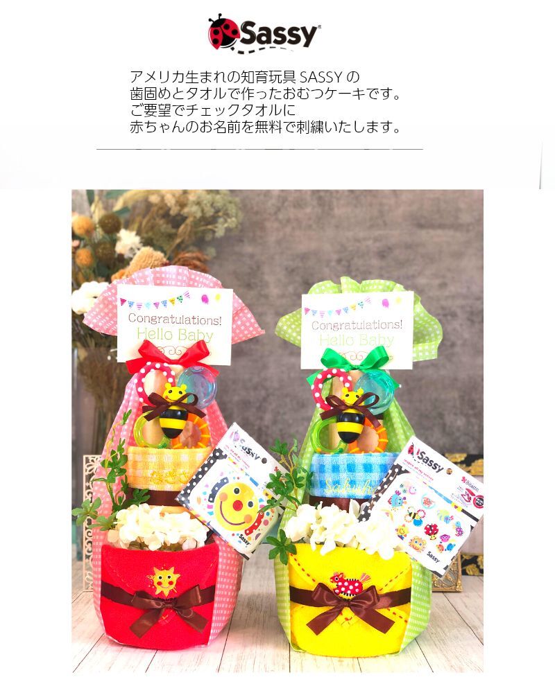 10日は誰でもP5倍!!6月8日到着可能(不可地域有り)出産祝い 名入れ 刺繍 　Sassy サッシー 3段　歯固め 知育玩具 名入れ無料 送料無料 端午の節句 おむつケーキ男の子 おむつケーキ女の子 おしゃれ ベビーシャワー ベビーギフト クリスマス