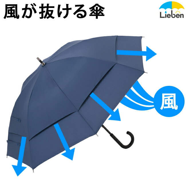 風が抜ける傘 65cm×8本骨 【LIEBEN-0122】 ＜え！？こんな傘があったの？強風対応構造の傘＞ 男性用 メンズ 雨傘 丈夫 強い グラスファイバー naga