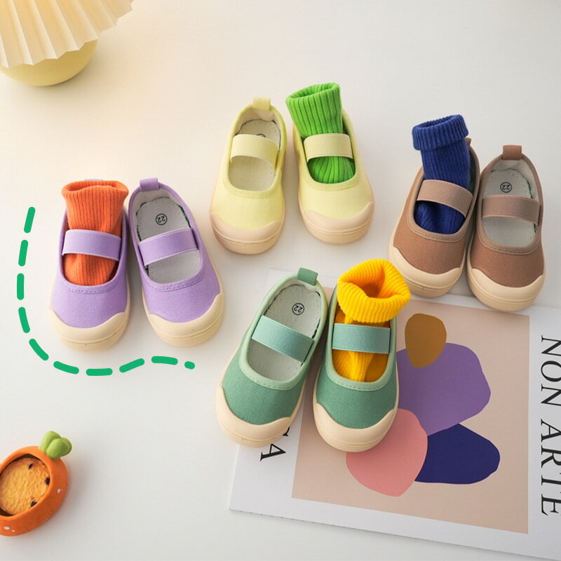 子供靴 上履き キッズ 女の子 上靴 室内シューズ かわいい ズック バレエシューズ キャンバスシューズ 靴 おしゃれ デザイン 入学 入園 軽い 通学 小学生 マジックテープ 無地 幼稚園 保育園 保育所 低学年 13.6cm ~19.5cm キャラメル色/グリーン/パープル/イエローのサムネイル
