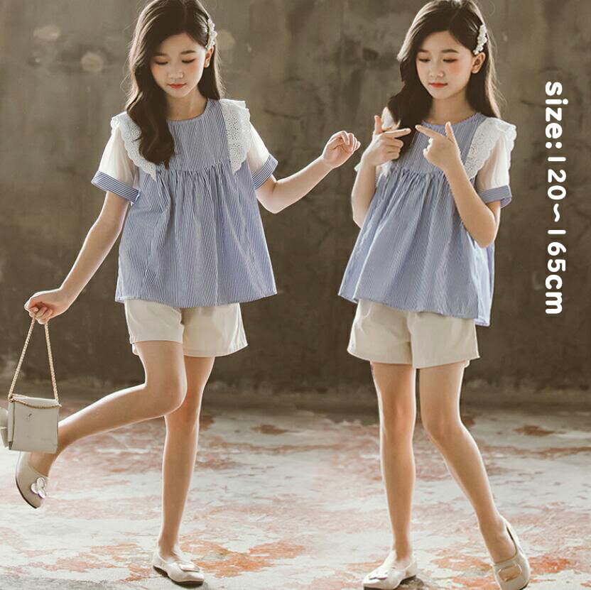 子供服 ジュニアシャツ+半ズボン セットアップカジュアル 夏 上下セット ナチュラル パンツ ノースリーブ 薄手 五分丈パンツ ゆったり リゾート キッズ こども 可愛い 卒園式/入学式/パーティ