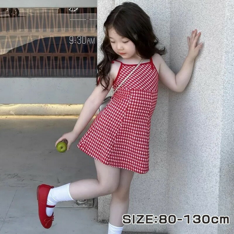 子供 ワンピース 女の子 サマーワンピース ノースリーブ チェック柄 キッズ 吊りスカート風 レッド 可..