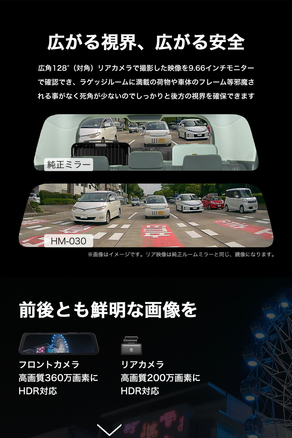 【高画質2K360万画素】ドライブレコーダーミラー前後ドラレコデジタルインナーミラードライブレコーダーミラー型前後カメラGPS搭載常時衝撃録画駐車監視ノイズ対策済フルHD高画質HM-030
