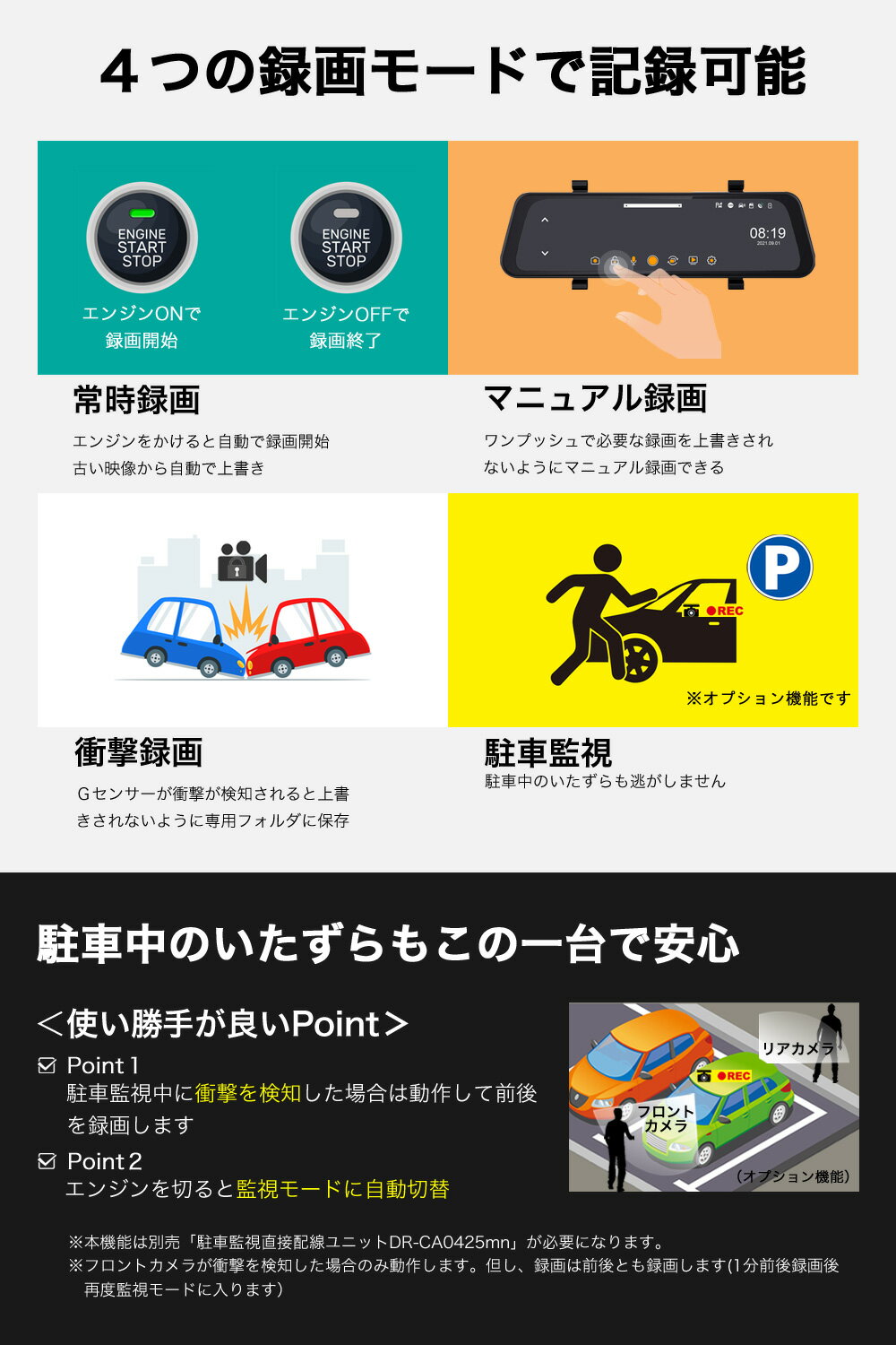 【高画質2K360万画素】ドライブレコーダーミラー前後ドラレコデジタルインナーミラードライブレコーダーミラー型前後カメラGPS搭載常時衝撃録画駐車監視ノイズ対策済フルHD高画質HM-030