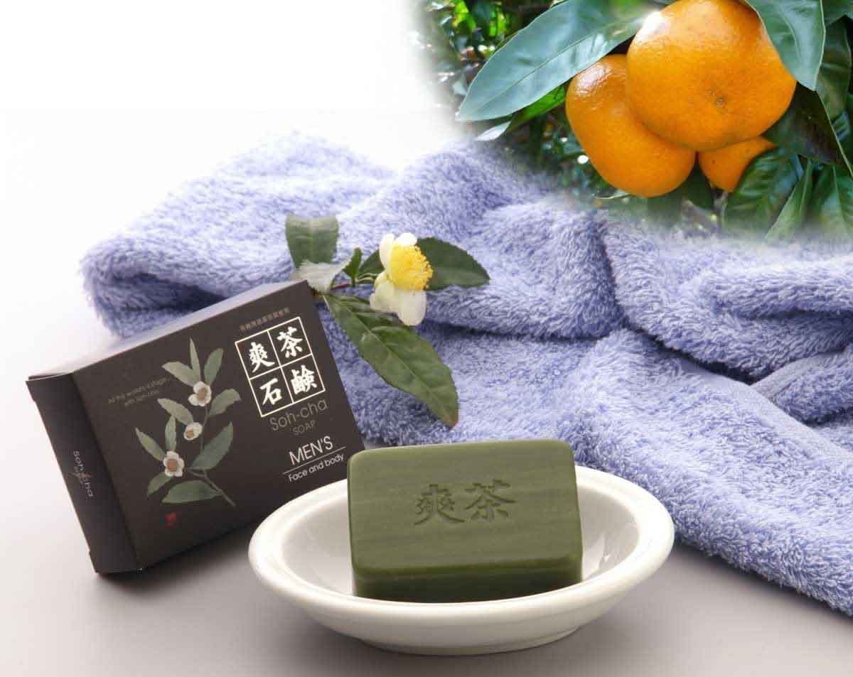 爽茶石鹸 MEN'S 100g 泡立てネット付 【静岡県産 有機栽培茶葉使用】 メンズ 洗顔 全身 ボディ石鹸 無添加 無防腐剤 [ 麦飯石 チンピ 配合 ] 加齢臭 体臭 汗臭 毛穴ケア 日本製 マインドアップ