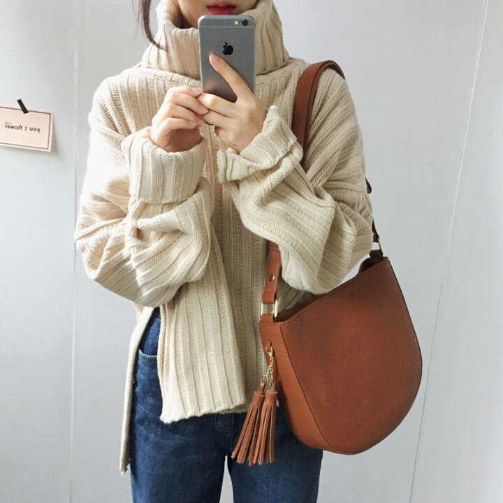 Turtleneck - ニット セーター レディース ハイネック 秋 冬 長袖 トップス カットソー スリット 無地 ゆったり 着痩せ お洒落 体型カバー 通勤 OL 学生 20代 30代 40代