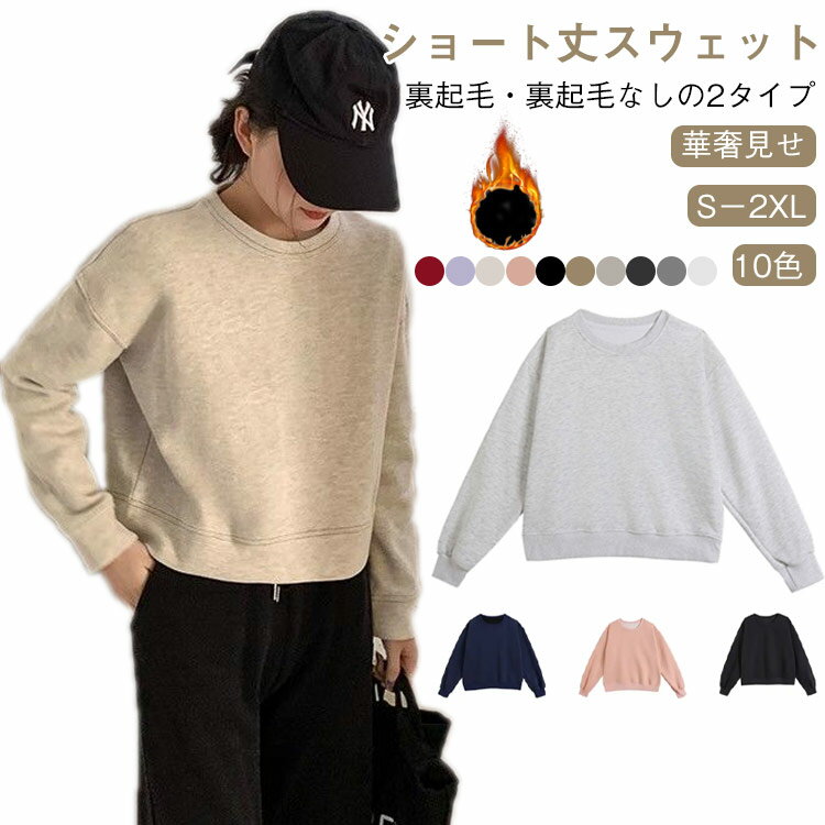 スウェット 2タイプ 丸首 ショート丈スウェット ショート丈 裏起毛 レディース 裏起毛無し プルオーバー ショート丈トレーナー 長袖 ドロップショルダー ルーズ トレーナー ワイドシルエット クルーネック 無地 トップス 秋服