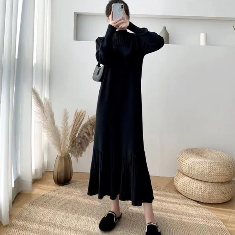 レディース ニットワンピース ロング 切り替え ミディ丈 ハイネック ニットワンピ 細見え ティアード リブニット タックスリーブ マキシ丈 冬 ストレッチ Aライン マタニティ フェミニン オフィス きれいめ 伸縮性 ロング フィット 春 秋