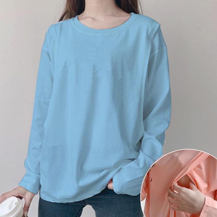 クルーネック 秋 春 長袖 丸首 トップス 無地 授乳Tシャツ 出産準備 丸首 Tシャツ ...